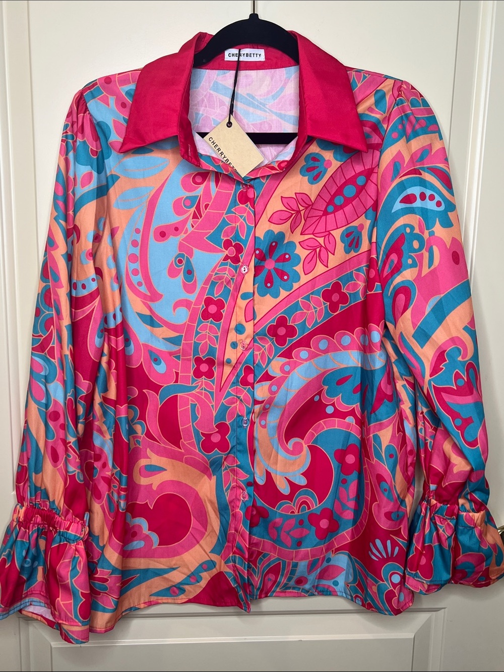 CHERRYBETTY Pink & Teal Paisley Button-Up Blouse